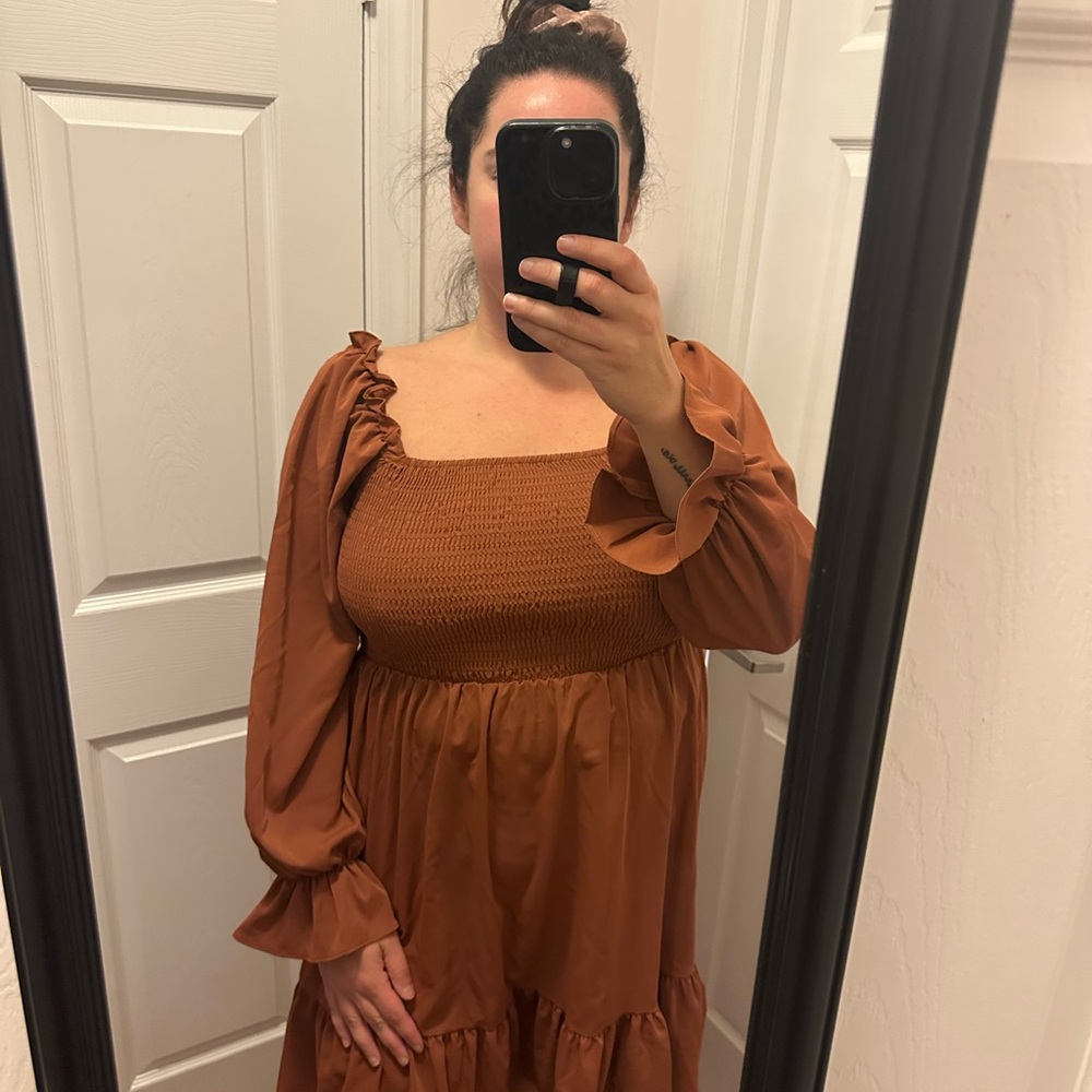 Rust Smocked Long Sleeve Dress